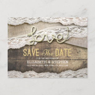 Cartão Postal De Anúncio Rustic Love Rope Burlap Casamento Salva A Data