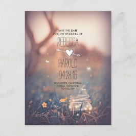 Cartão Postal De Anúncio Rustic Mason Jar Fireflies Natureza Salvar Data
