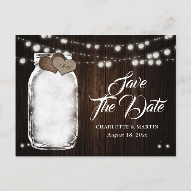 Cartão Postal De Anúncio Rustic Mason Jar Lights Wood Casamento Salve A Dat (Frente)