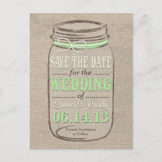 Cartão Postal De Anúncio Rustic Mason Jar Salva a Data Verde