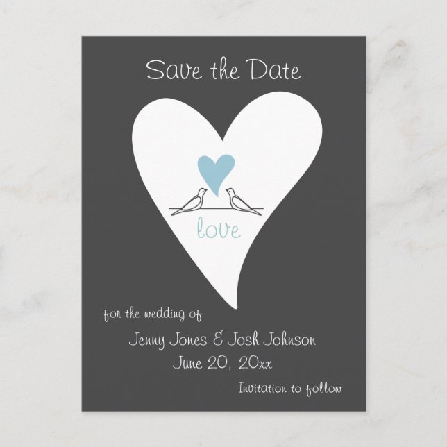 Cartão Postal De Anúncio Rustic Modern Blue Heart Weding Save The Date (Frente)