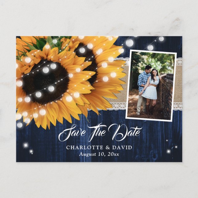 Cartão Postal De Anúncio Rustic Navy Blue Wood Sunflower Wedding Photo (Frente)