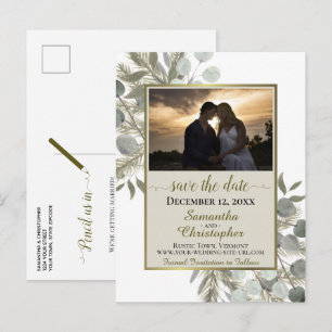 Cartão Postal De Anúncio Rustic Pine & Eucalyptus Tan Save the Date Photo