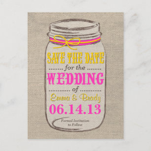 Cartão Postal De Anúncio Rustic Pink & Yellow Mason Jar Salvar a Data