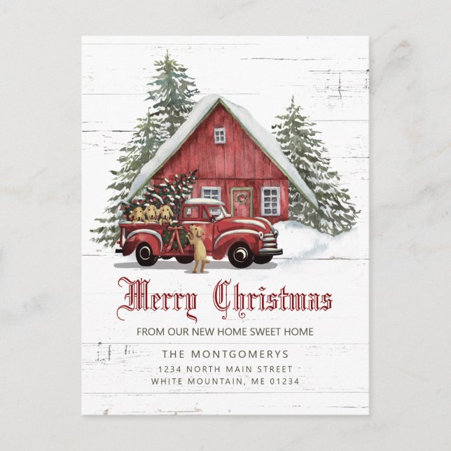 Cartão Postal De Anúncio Rustic Red Farmhouse Snowman Natal Movendo Anno (Frente)