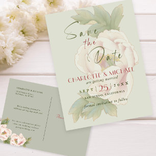 Cartão Postal De Anúncio Rustic Sage e Blush Peony Casamento Salvem a Data