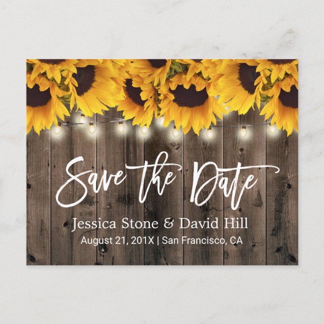 Cartão Postal De Anúncio Rustic Sunflower Country Weding Save Date (Frente)