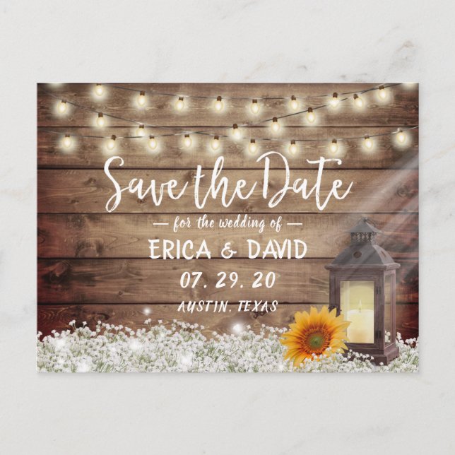 Cartão Postal De Anúncio Rustic Sunflower Lantern Wedn Save the Date (Frente)