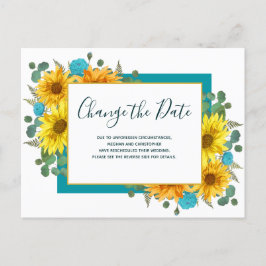 Cartão Postal De Anúncio Rustic Sunflower Teal Rosa Weding Change the Date 