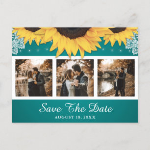 Cartão Postal De Anúncio Rustic Sunflower Teal Weding Photo Save The Date (