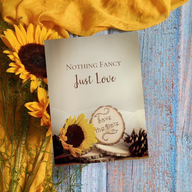 Cartão Postal De Anúncio Rustic Sunflower Woodland Casamento Salva a Data (Criador carregado)
