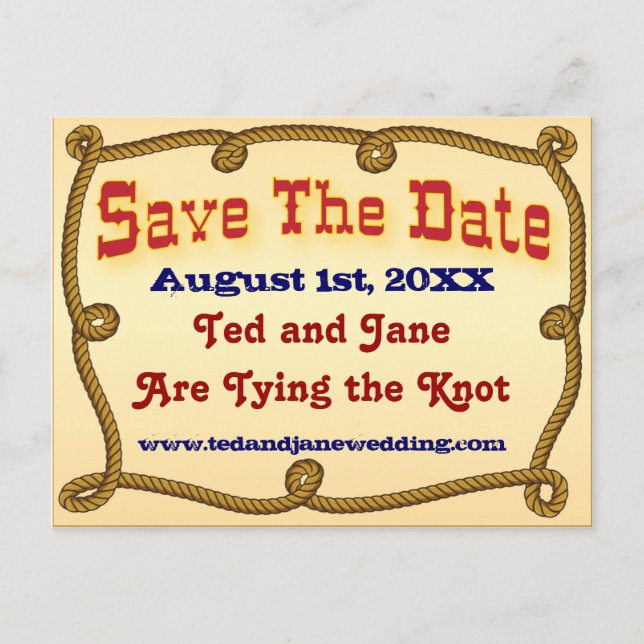 Cartão Postal De Anúncio Rustic Western Rope Save The Date Postcard (Frente)