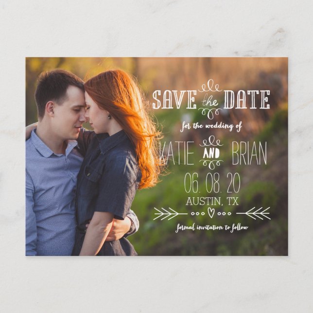 Cartão Postal De Anúncio Rustic White Photo Save the Date Postcard (Frente)
