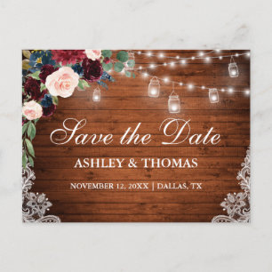 Cartão Postal De Anúncio Rustic Wood Burgundy Blue Floral Salvar Data
