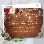 Cartão Postal De Anúncio Rustic Wood Lights Jars Lace Floral Salvar a Data<br><div class="desc">Rustic Wood String Lights Mason Jars Lace Watercolor Burgundy Floral Salvar o Cartão-Postal - Impresso de Volta</div>