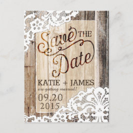 Cartão Postal De Anúncio Rustic Wood Planks e Lace Salvem a Data