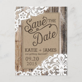 Cartão Postal De Anúncio Rustic Wood Planks e Lace Salvem a Data