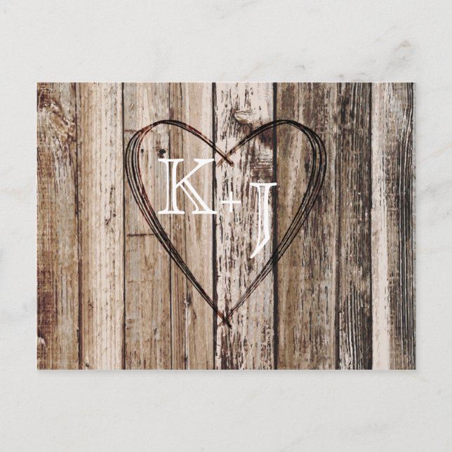 Cartão Postal De Anúncio Rustic Wood Planks Heart Etching Save the Date (Frente)