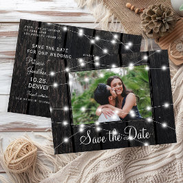Cartão Postal De Anúncio Rustic wood string lights barn save date wedding