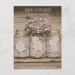 Cartão Postal De Anúncio Rústico Casamento Lace Jars SALVE O Cartão-Postal