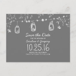 Cartão Postal De Anúncio rústico guarde a data com vagalumes mason jars
