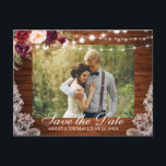 Cartão Postal De Anúncio Rústico Palácio de Madeira Floral Salvar Data Text<br><div class="desc">Luzes de Corda de Madeira de Casamento Russo Lace Aquarela Borgonha Marsala Floral Guardar a Data Cartão Postal - Impresso de Volta</div>
