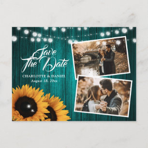 Cartão Postal De Anúncio Rústico Teal Sunflower Salva A Foto Da Data