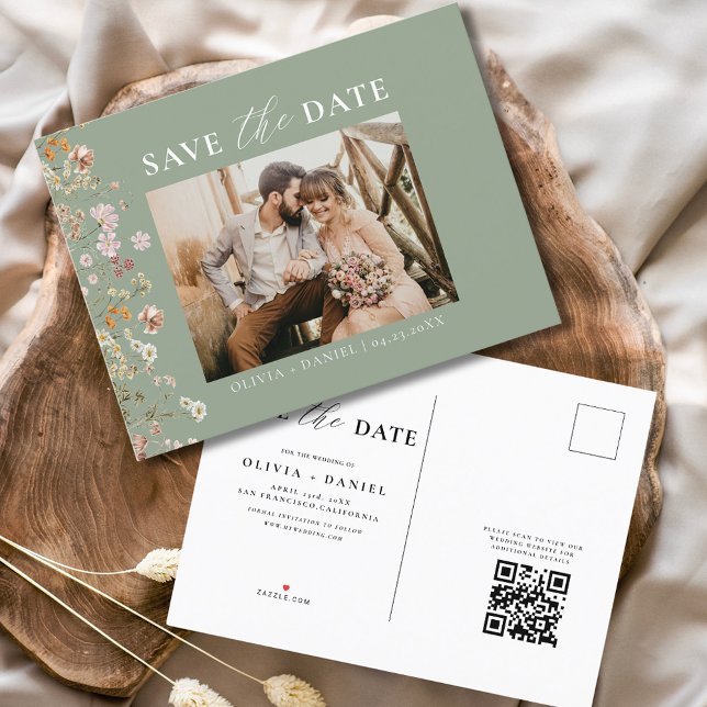 Cartão Postal De Anúncio Sage Green Código QR Wildflower Wedding (Criador carregado)