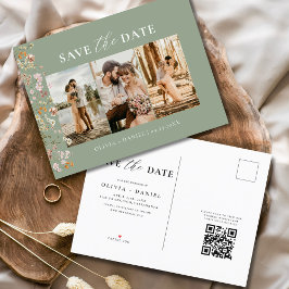 Cartão Postal De Anúncio Sage Green Código QR Wildflower Wedding