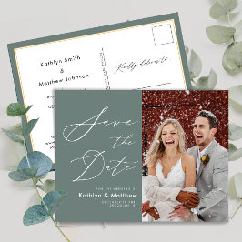Cartão Postal De Anúncio Sage Green Elegant Script Weding The Date