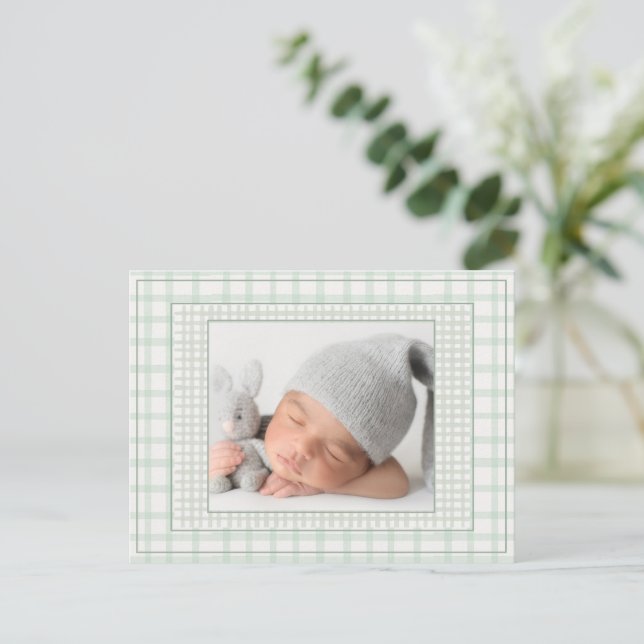 Cartão Postal De Anúncio Sage Green Gingham One Photo Gender Neutral Birth (Em pé/Frente)