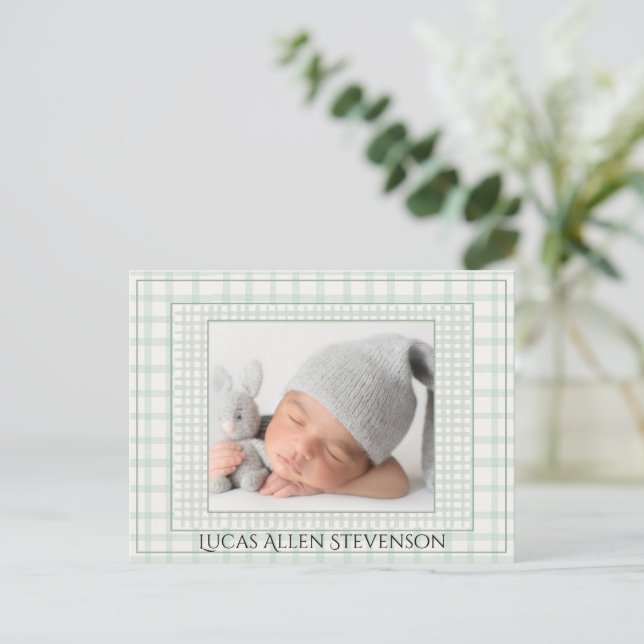 Cartão Postal De Anúncio Sage Green Gingham One Photo Gender Neutral Birth (Em pé/Frente)
