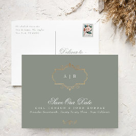 Cartão Postal De Anúncio Sage green gold crest monograma Foil Save the Date
