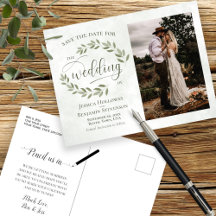 Sage Green Leaves & Photo Wedding Save the Date