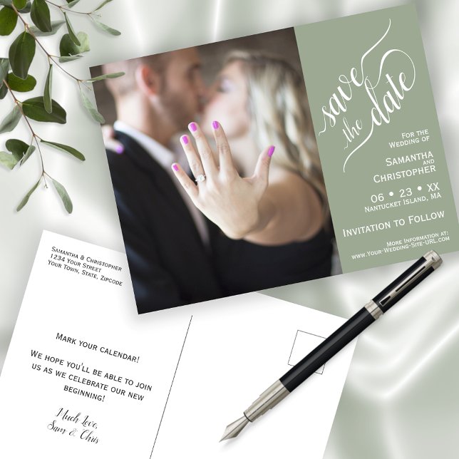 Cartão Postal De Anúncio Sage Wedding Save the Date Photo & Calliographic (Criador carregado)