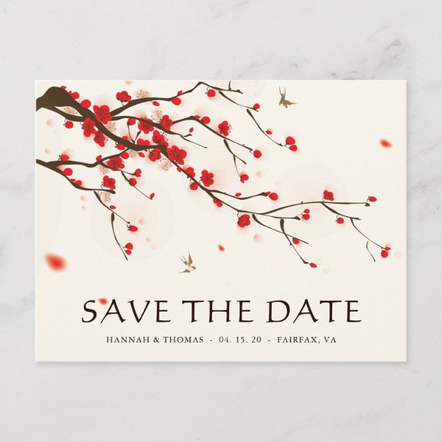 Cartão Postal De Anúncio Sakura Casamento Aquarela Save the Date (Frente)