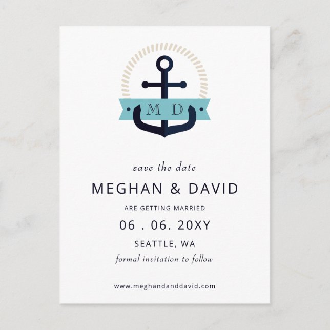 Cartão Postal De Anúncio Salvamento de Casamento Náutico do Monograma Ancor (Frente)