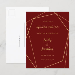 Cartão Postal De Anúncio Salvamento Dourado de Casamento com Script Geométr