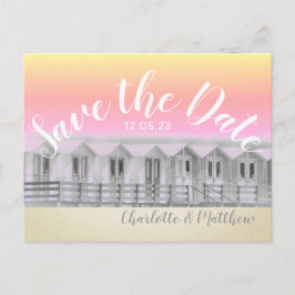 Cartão Postal De Anúncio Salvar a data cabana de praia ao pôr do sol cartão