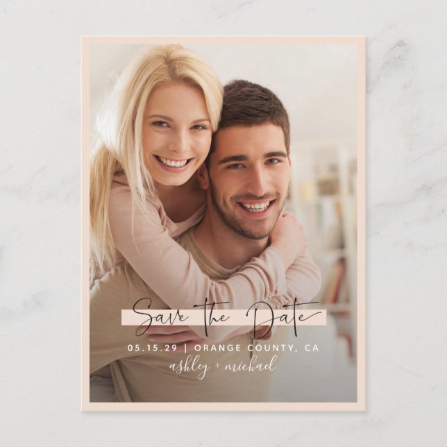 Cartão Postal De Anúncio Salvar a Data Caligrafia Foto Rosa Casamento (Frente)