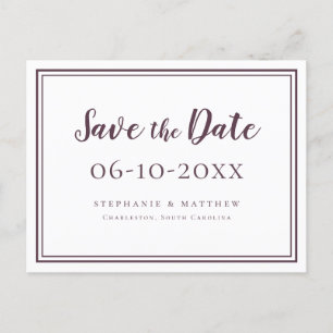 Cartão Postal De Anúncio Salvar a Data Casamento Roxo Branco Simples Chique