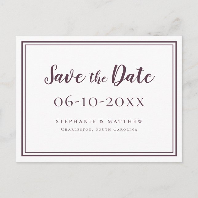 Cartão Postal De Anúncio Salvar a Data Casamento Roxo Branco Simples Chique (Frente)