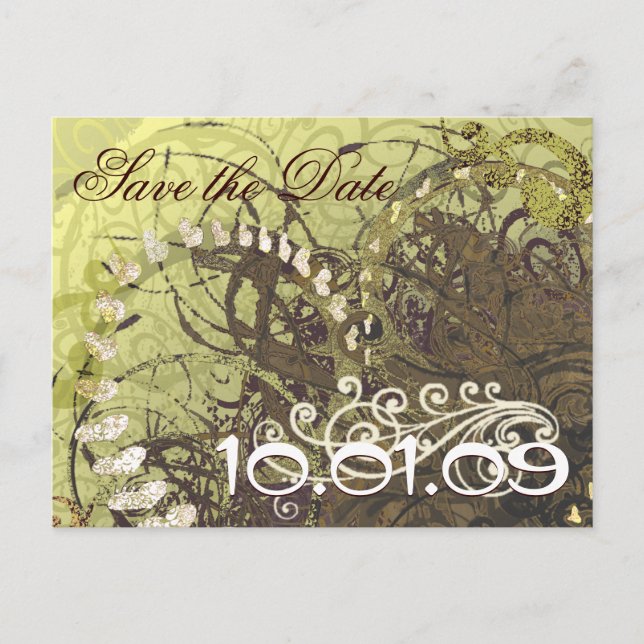 Cartão Postal De Anúncio Salvar a data Corações Amarelo e Marrom (Frente)