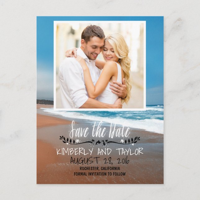 Cartão Postal De Anúncio Salvar a data da foto da praia (Frente)