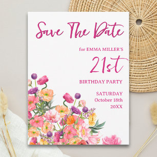 Cartão Postal De Anúncio Salvar a data de 21º aniversário floral - Elegante