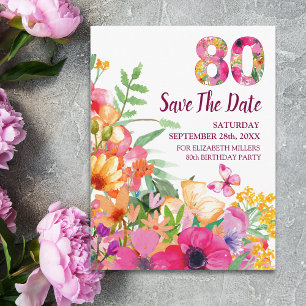 Cartão Postal De Anúncio Salvar a data de 80 anos Floral, Elegante 80