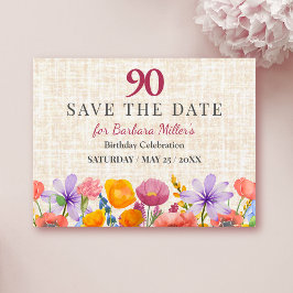 Cartão Postal De Anúncio Salvar a data de 90º aniversário floral - Festa no