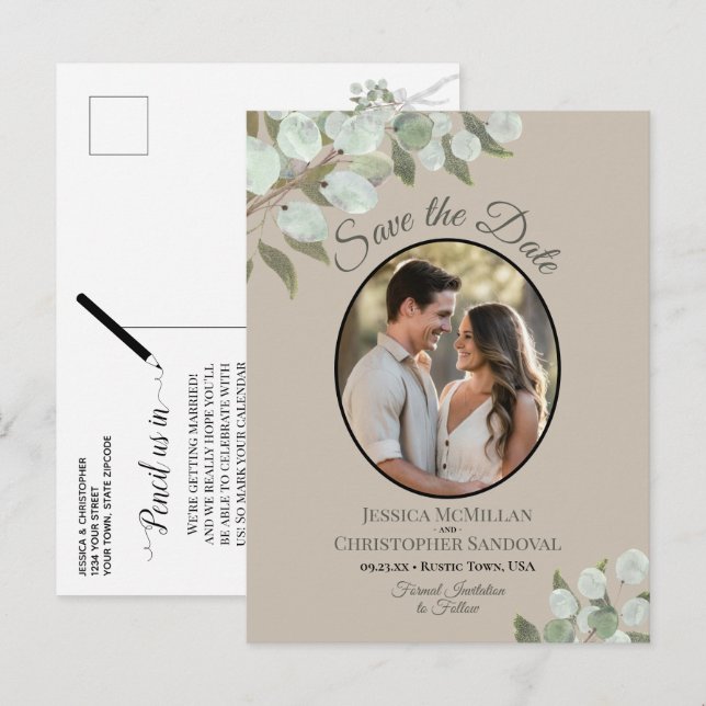 Cartão Postal De Anúncio Salvar a Data de Casamento com Eucalipto e Foto em (Frente/Verso)