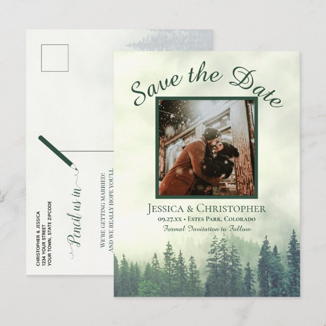Cartão Postal De Anúncio Salvar a Data de Casamento Floresta Verde Rústica  (Frente/Verso)