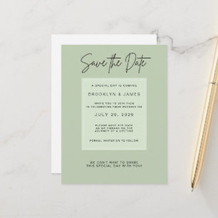 Cartão Postal De Anúncio Salvar a Data de Casamento Minimalista Verde Sage